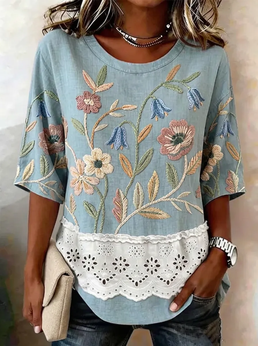 Women's Nashville Floral Embroidered Lace Trim Printed Top
