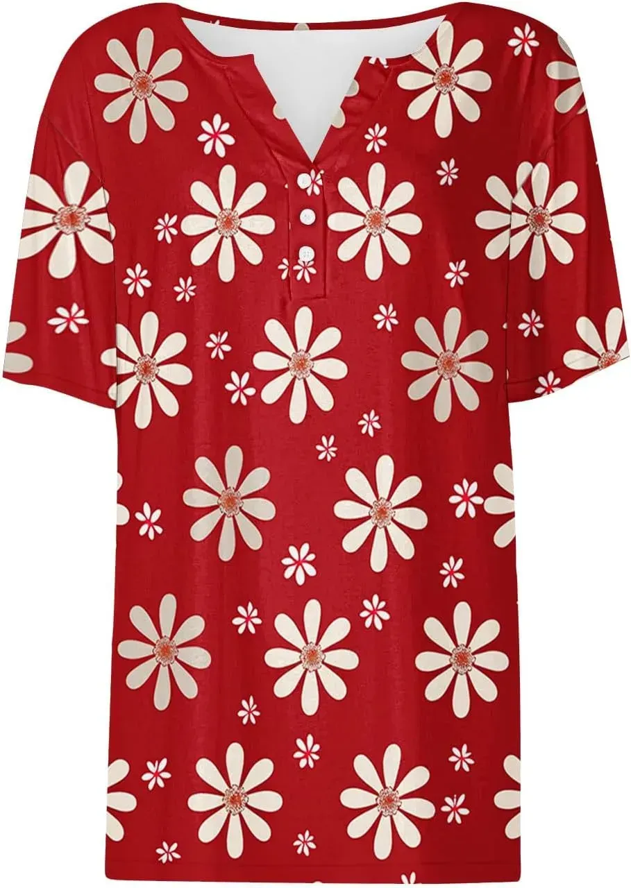 Shirts for Women Casual Printed Summer Tops Short-Sleeved Button V-Neck Tops Blouse Fashion Boho T-Shirts