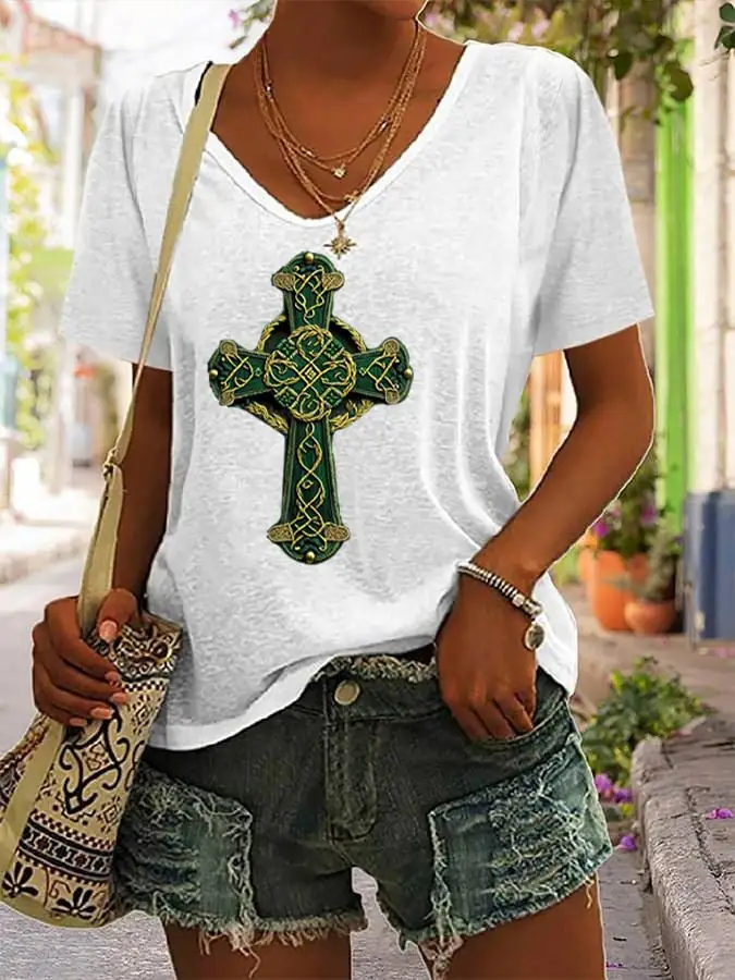 Women's St. Patrick's Day Shamrock Cross Art Print V-Neck T-Shirt