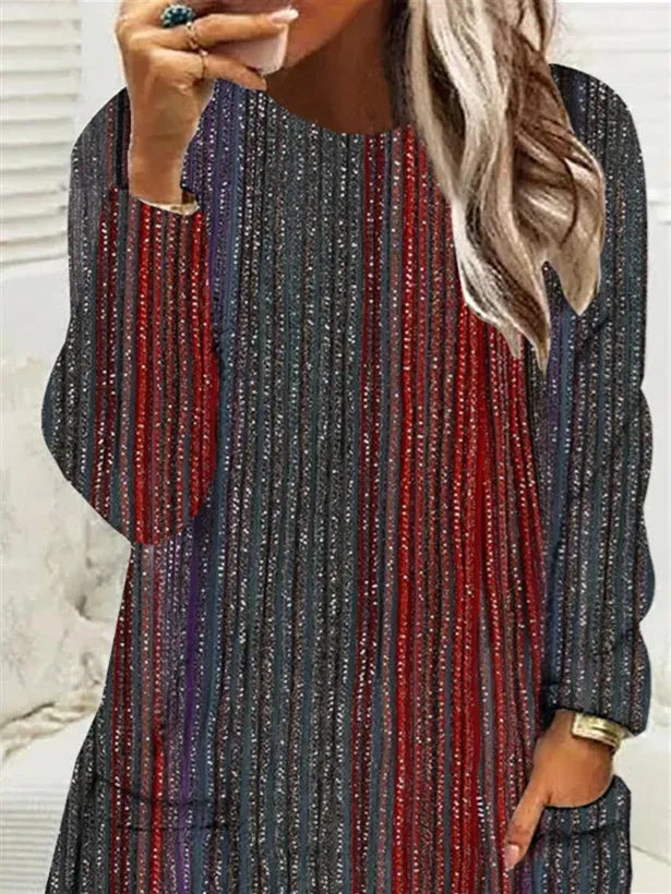 Women Long Sleeve Scoop Neck Striped Colorblock Pockets Tops