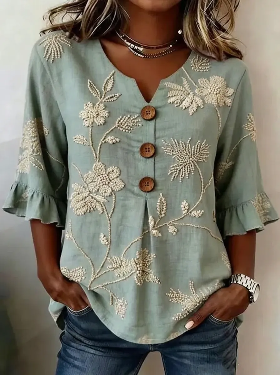 Women's Nashville Floral Embroidered Button V-Neck Printed Top