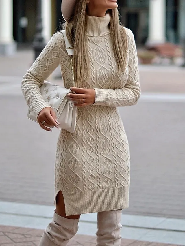 Women‘s Sweater Dress Winter Dress Casual Dress Midi Dress Beige Long Sleeve Pure Color Knit Print Winter Fall Turtleneck Casual Fall Dress 2023 S M L XL XXL