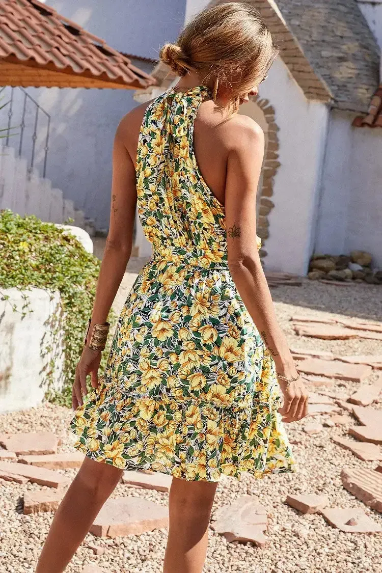Halter Neck Summer Loose Sleeveless  Ruffle Belt Boho Floral Dress