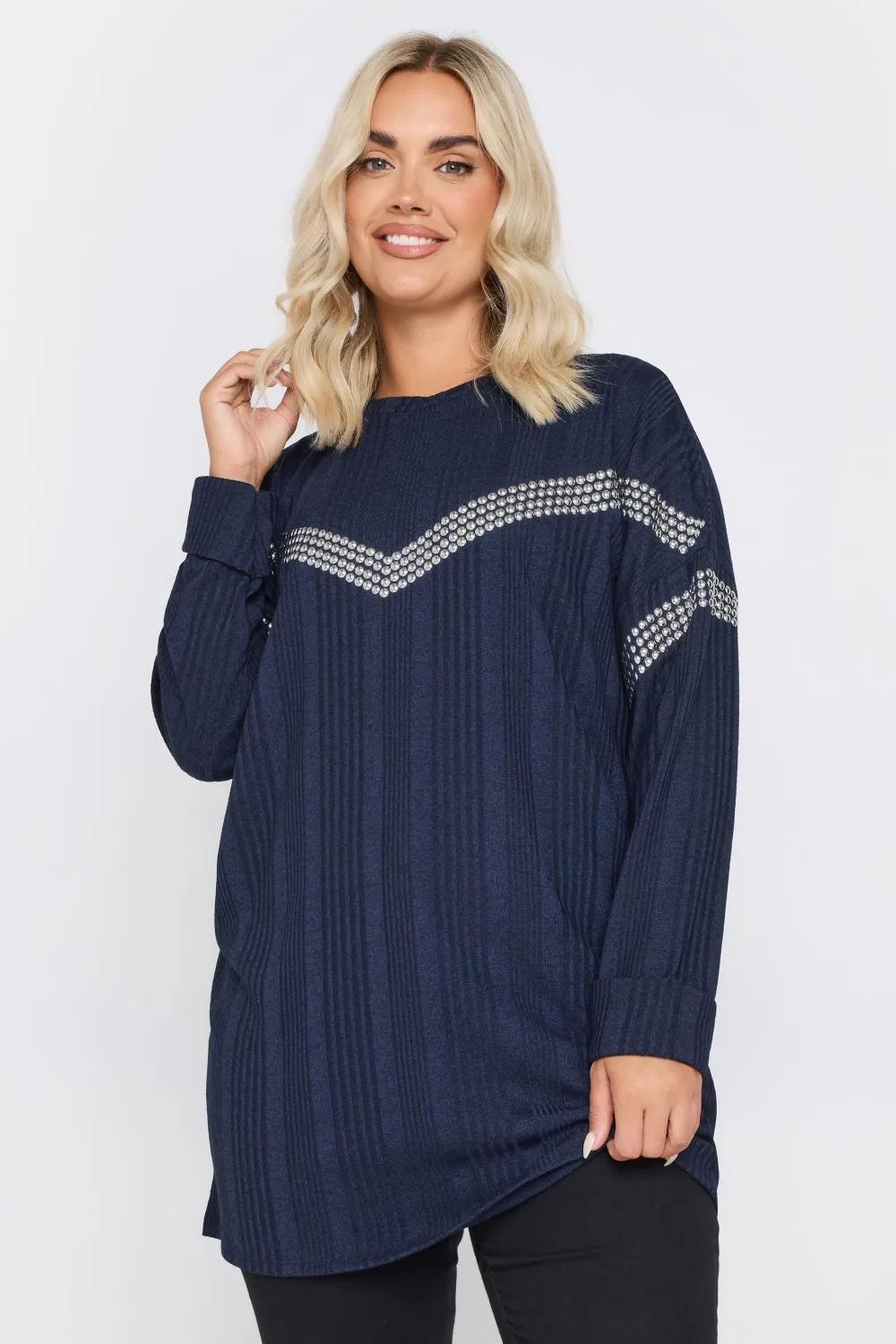 YOURS Curve Grey Ribbed Chevron Stud Jumper