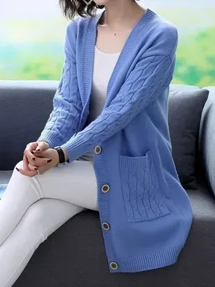Plain Long Sleeve Casual Buckle Pockets Cardigan