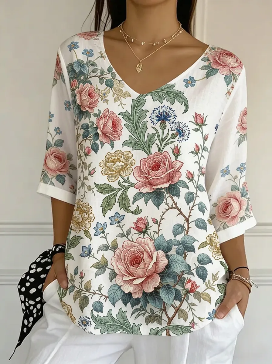 Women's Nashville Floral Rose Botanical Printed V-neck Top
