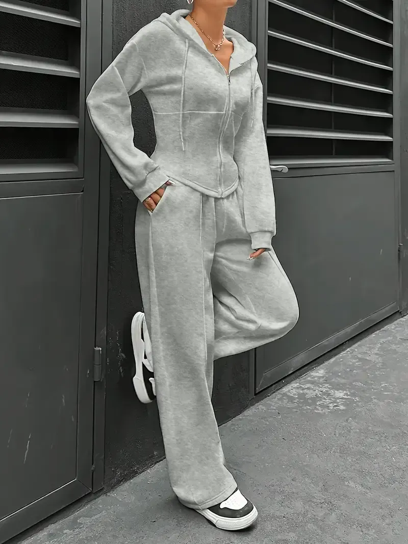 Women's Elegant Solid Color Polyester Hooded Tracksuit Set with Drawstring and Zipper Details – Knit Fabric Pantsuit for All Seasons