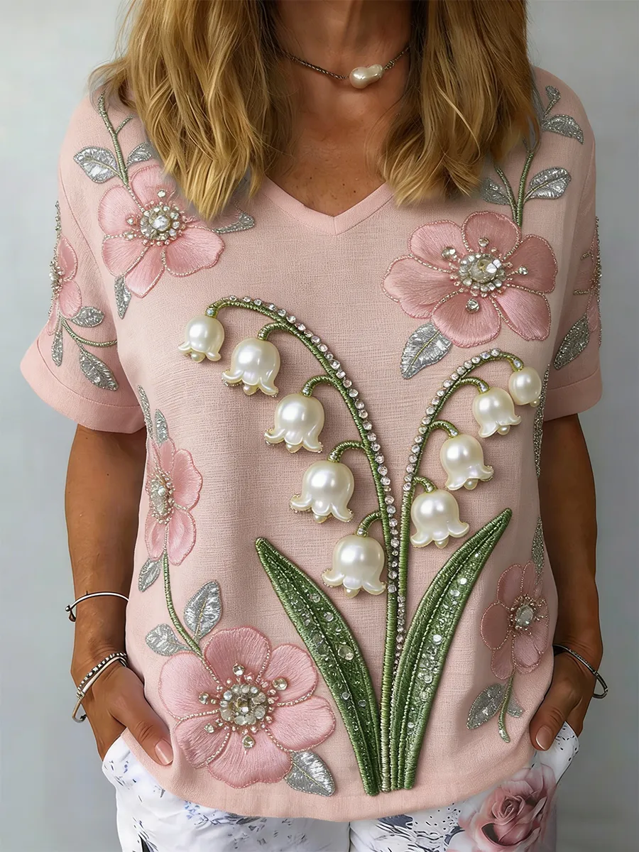 Women's Vintage Lily Of The Valley Pearl Embroidered Print V-Neck Top