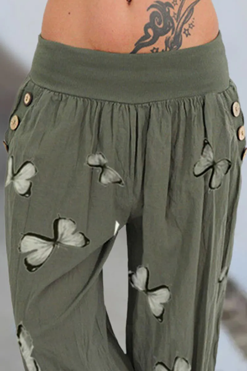 Butterfly Print Pocket Side Capris Pants