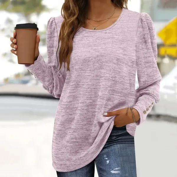 Loose Casual Button Crew Neck Long Sleeve T-Shirt