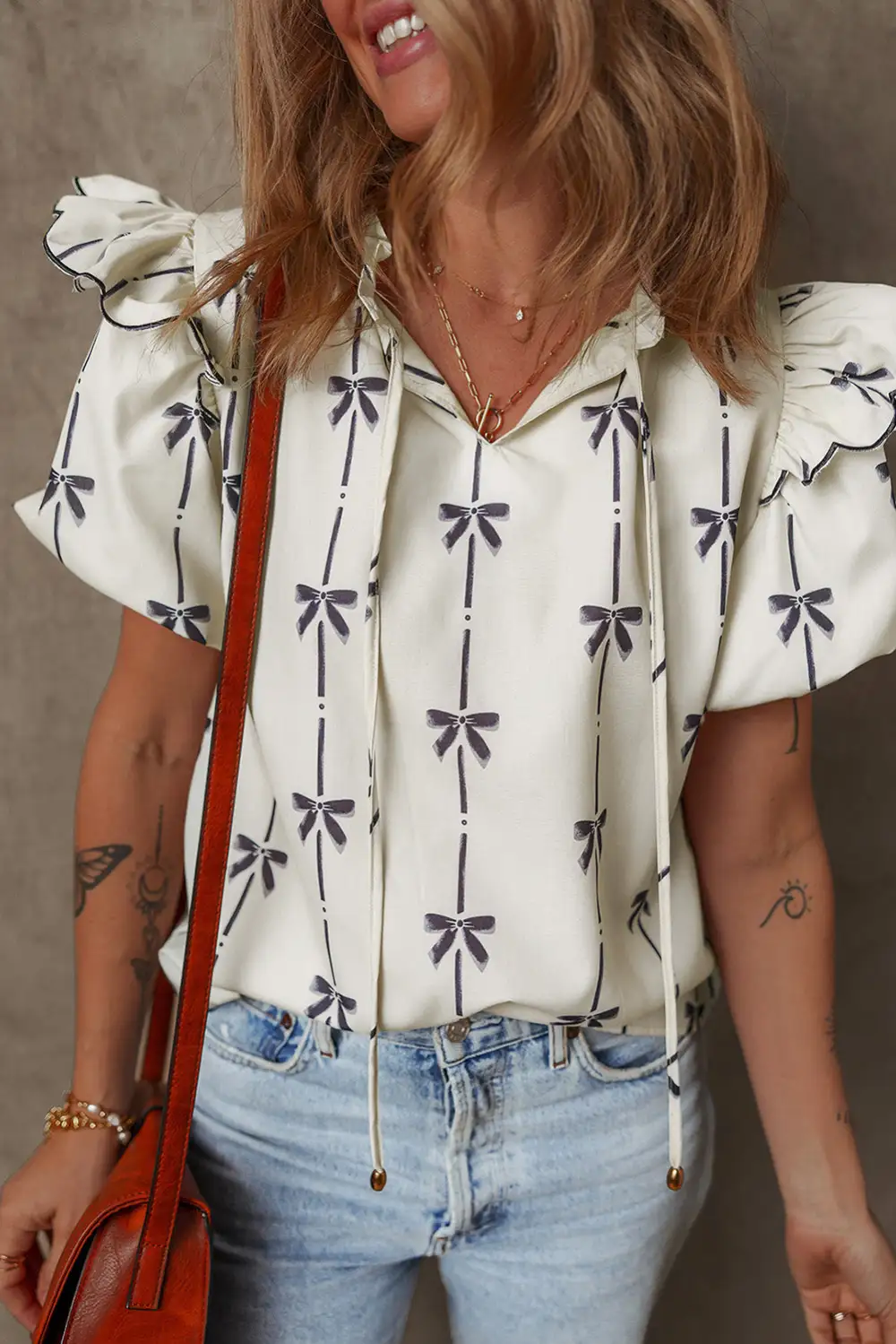 Everyday Striped Ruffled Bow Detail Blouse