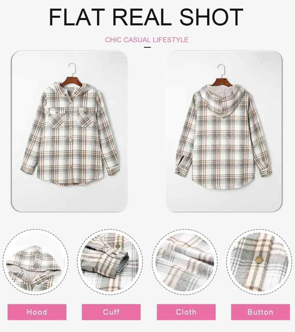 Womens Plaid Shacket Jacket Long Sleeve Button Down Fleece Hooded Jackets Warm Coat