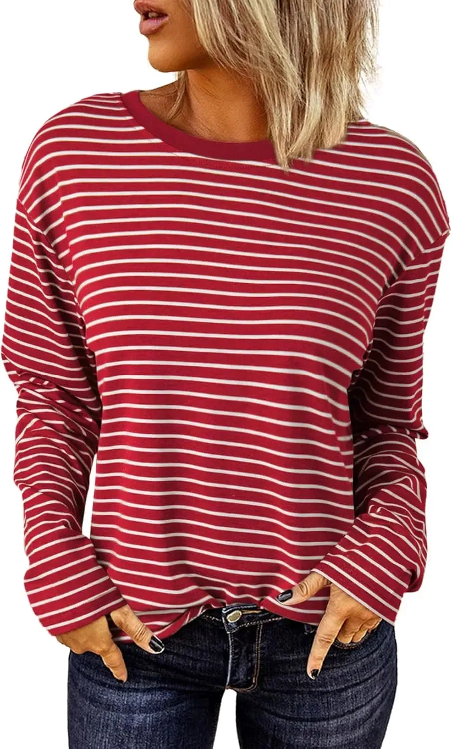 Dokotoo Women's Casual Striped Long Sleeve Tops Crew Neck Knit Ribbed Basic T Shirts