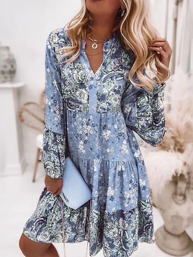 Women‘s Shift Dress Boho Dress Knee Length Dress Pink Long Sleeve Floral Ruffle Smocked Print Summer Spring V Neck Boho Casual Flare Cuff Sleeve 2023 4XL