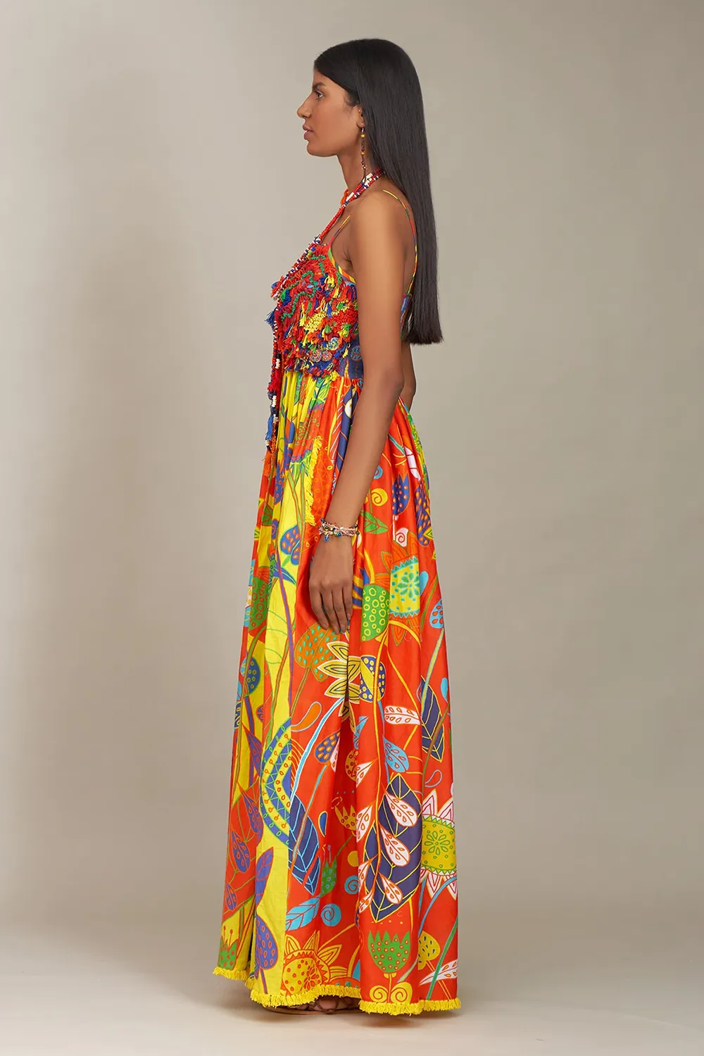 Multicolor cotton printed floral square neck silk spaghetti dress