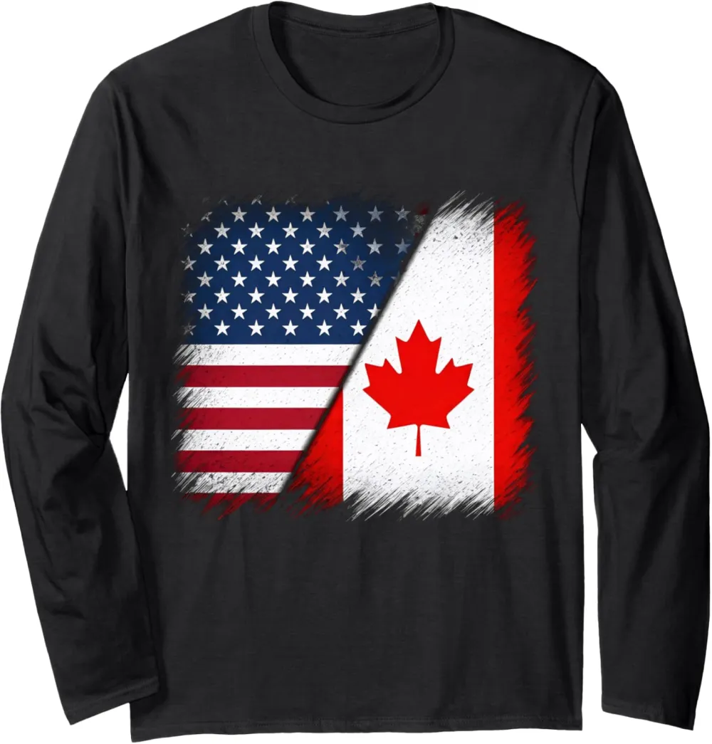 Canada 51st State American Half American USA Flag Canadian Long Sleeve T-Shirt
