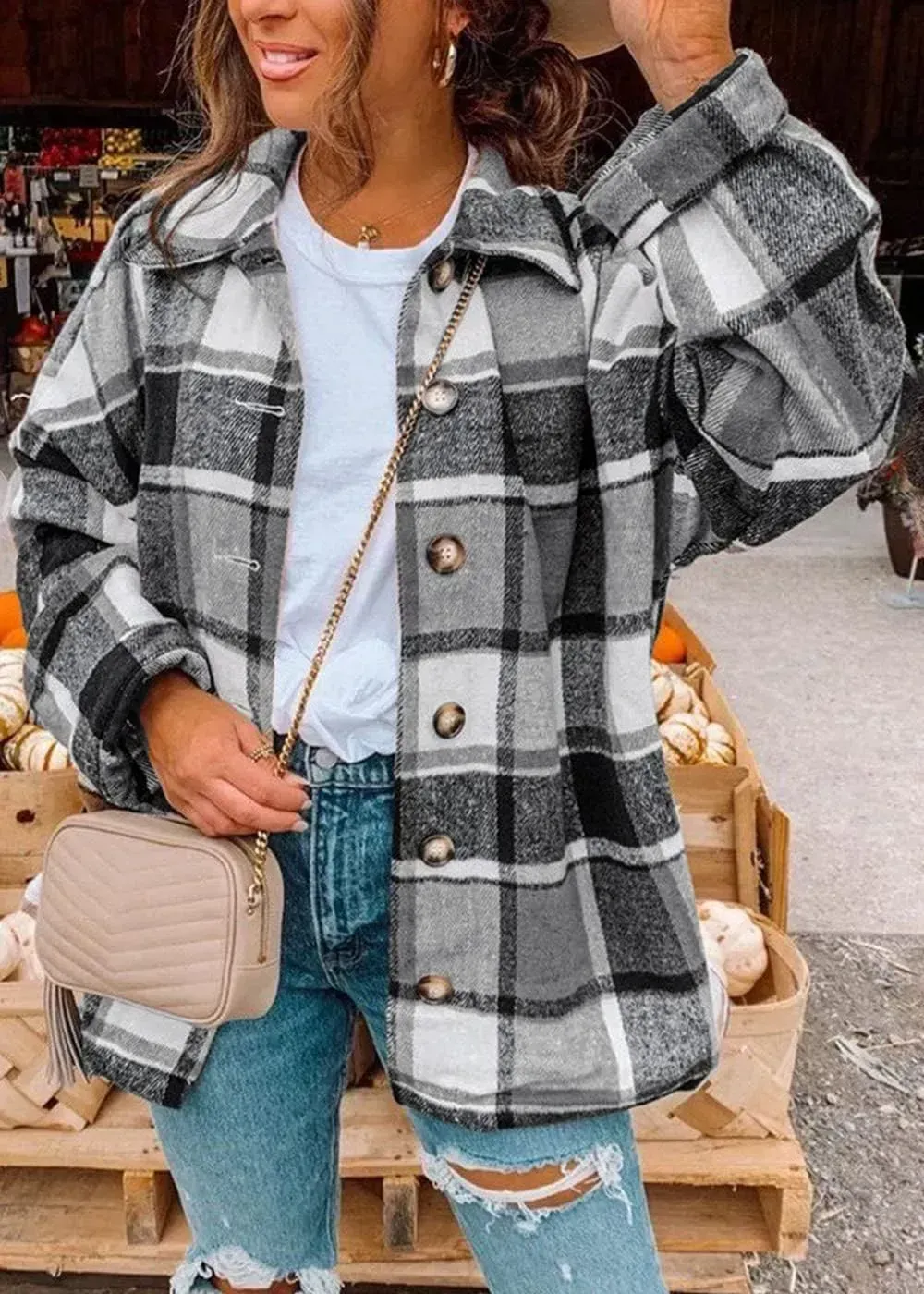 Women's 2023 Fall Clothes Plaid Shacket Jacket Long Sleeve Button Down Flannel Shirts Fashion Blouse