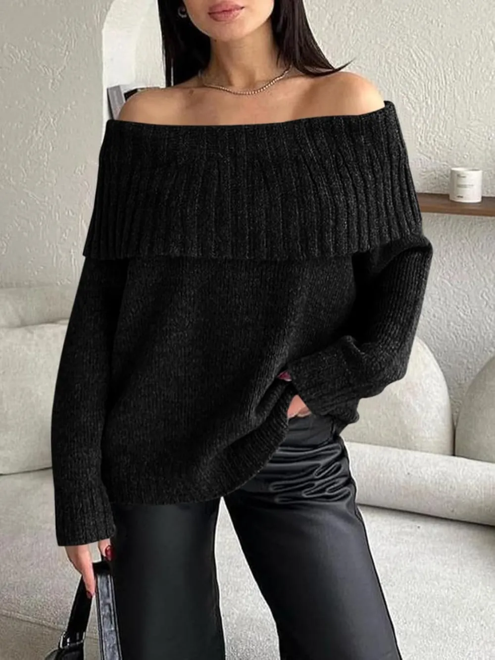 🎄Hot Sale Off The Shoulder Sweaters Long Sleeve Slouchy Knitted Casual Loose Fall Trendy Pullover Tops