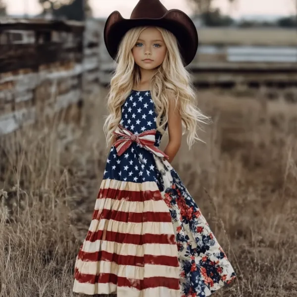 Young Girl's Independence Day America Flag Patchwork Floral With Bow Art Linen Tank Dress（with Belt）