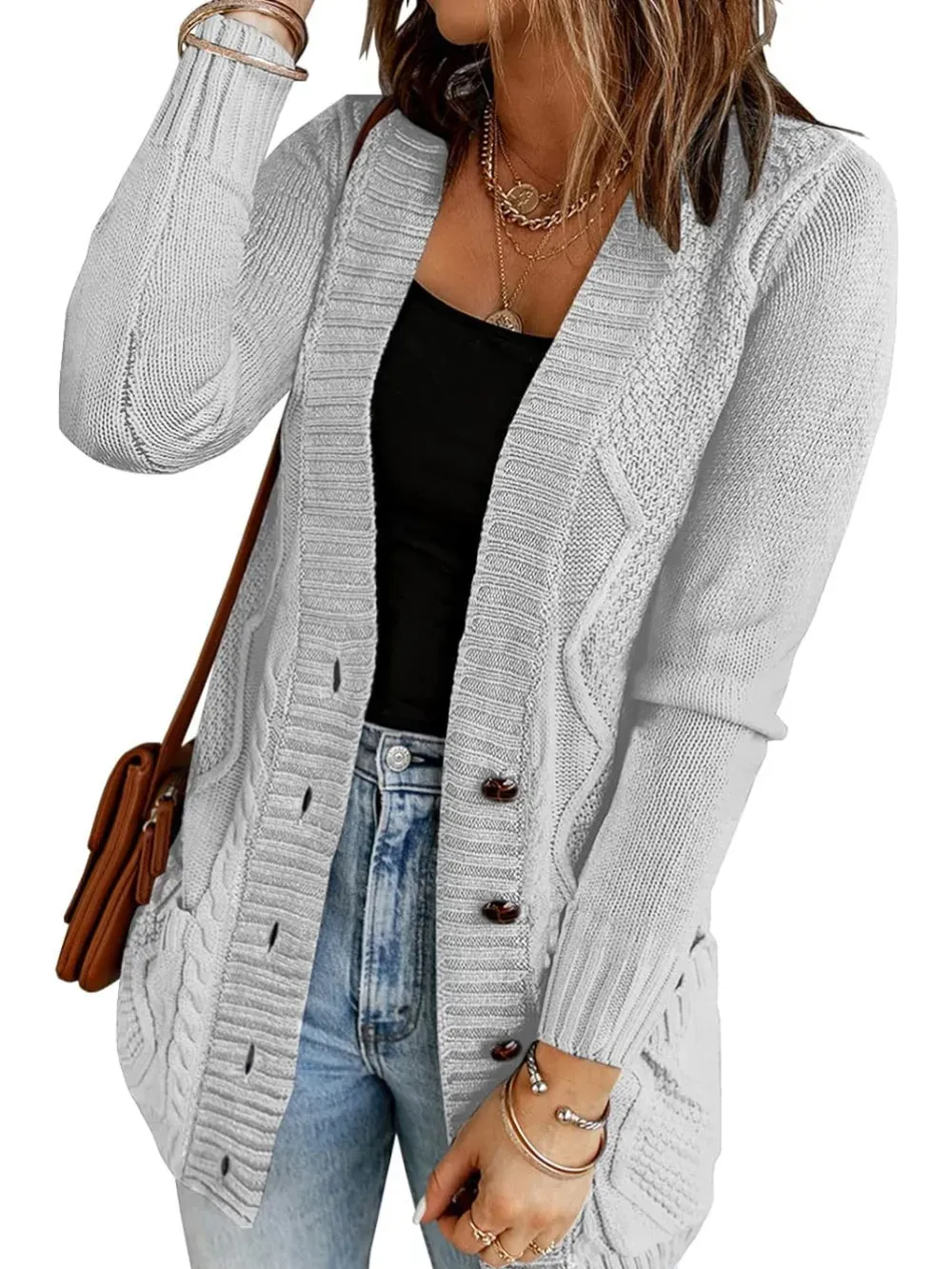 Womens Long Sleeve Open Front Buttons Cable Knit Pocket Sweater Cardigan
