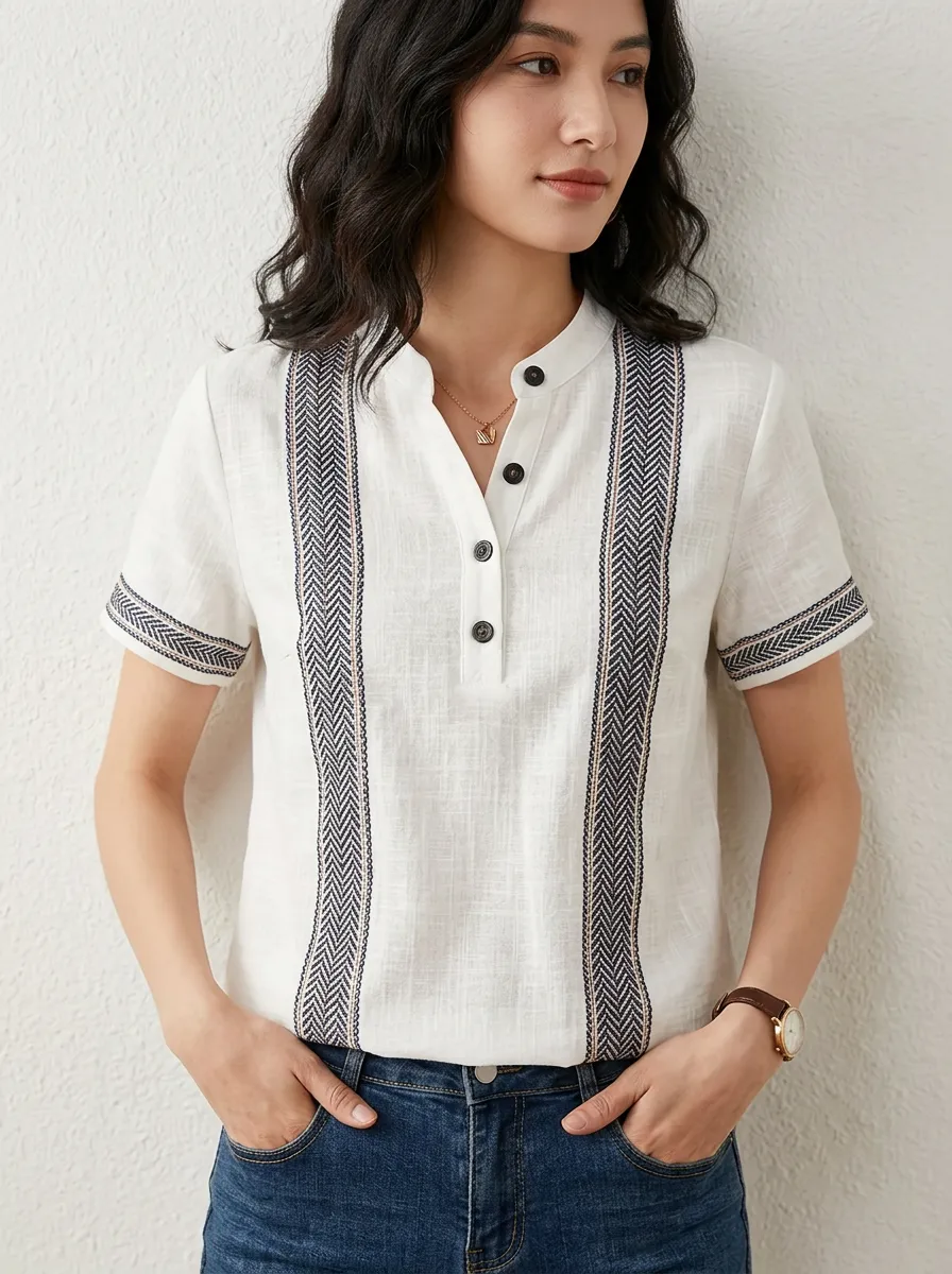 Women's Nashville Travel Herringbone Striped Printed Henley Shirt