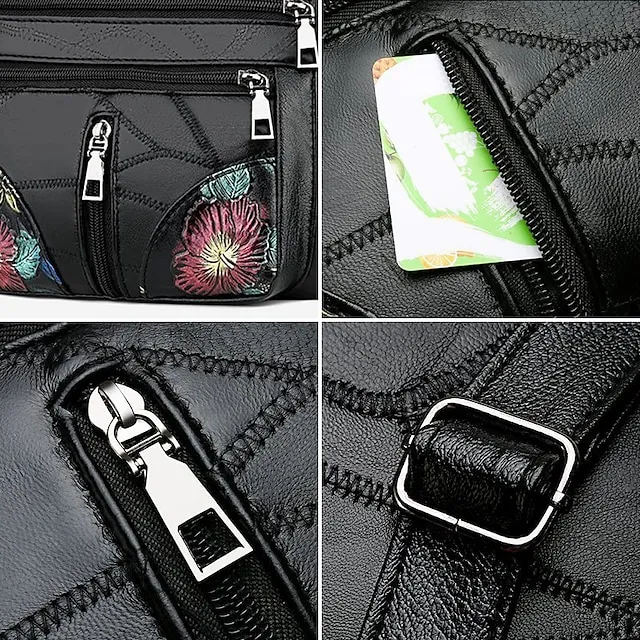Women's Crossbody Bag Shoulder Bag Hobo Bag PU Leather Outdoor Daily Holiday Embroidery Zipper Large Capacity Waterproof Lightweight Solid Color Flower Folk Black