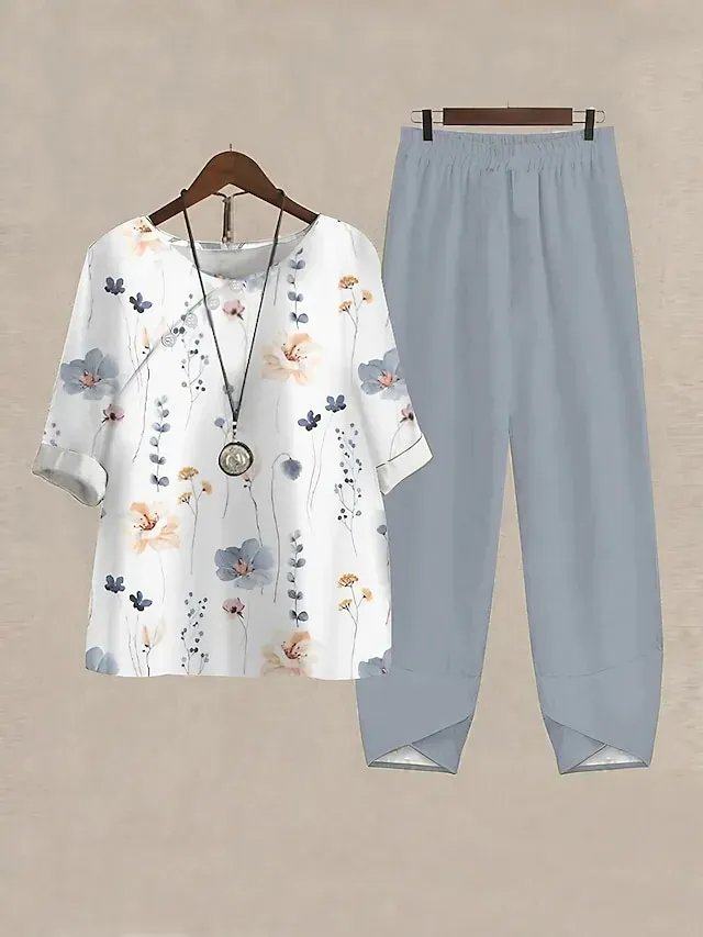 Women's Shirt Pants Sets Pants Trousers Basic White Pink Casual Daily Floral Print Crew Neck S M L XL 2XL