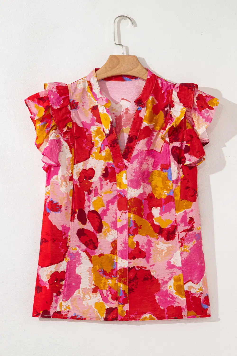 Softly Styled Abstract Print Ruffled V-Neck Blouse
