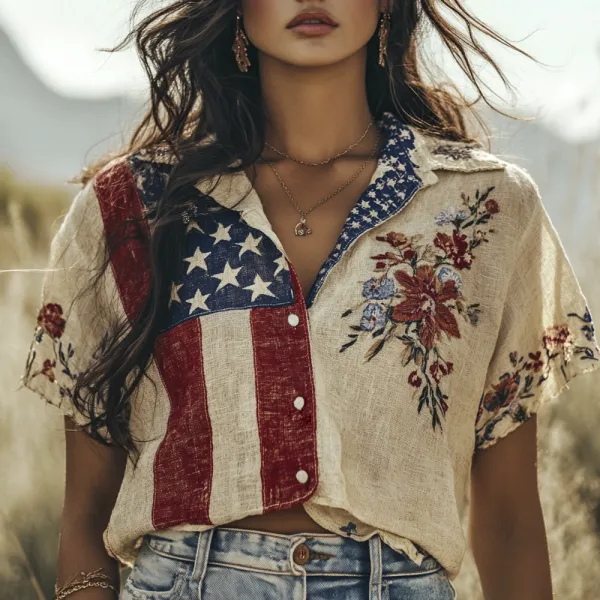 Independence Day Flag Vintage Floral Print Women's Linen Short Sleeve Shirt