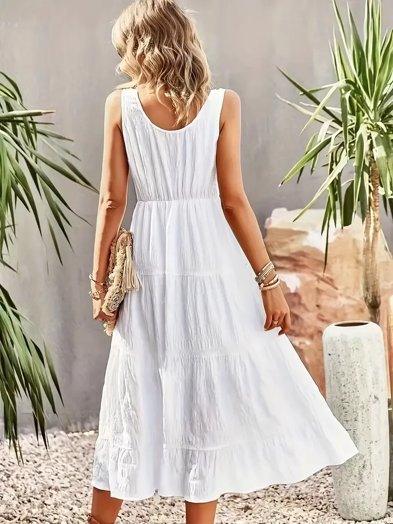 Women's Sleeveless U-Neck Maxi Dress - Solid White, Ruffled Hem, Button Detail, Polyester, Spring/Summer Casual Wear