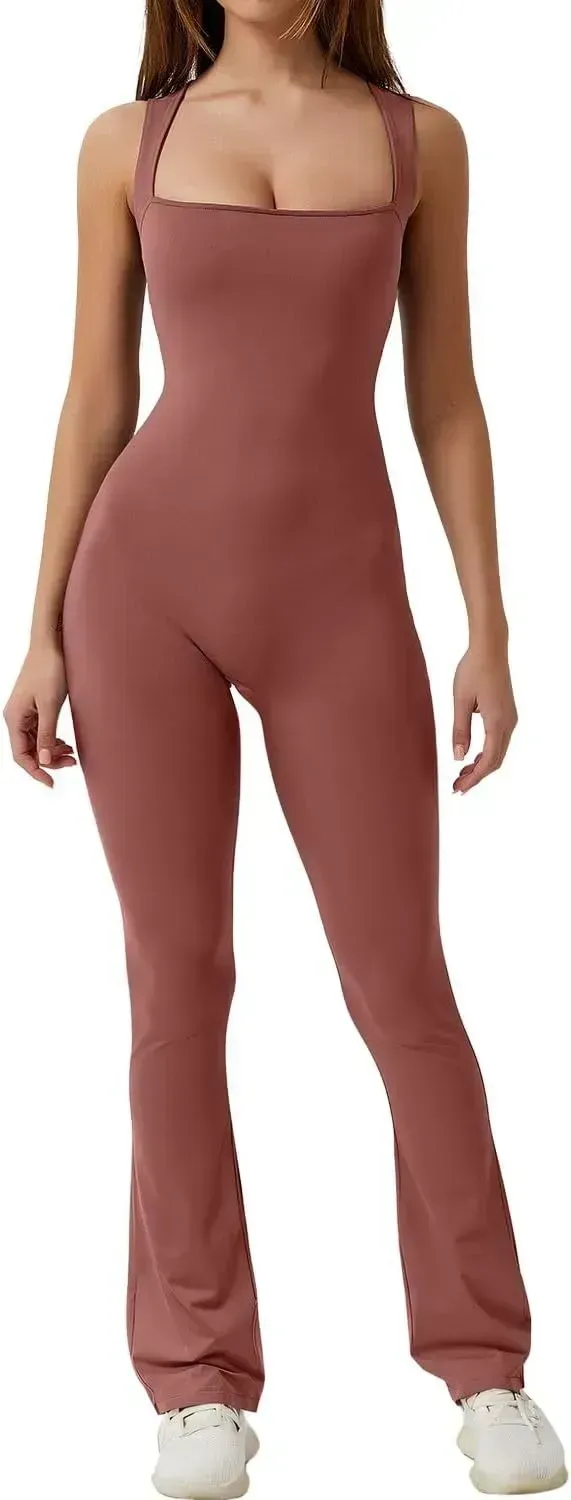 Flare Jumpsuits for Women Strappy Square Neck Bodycon Full Length Long Pants Casual Playsuit