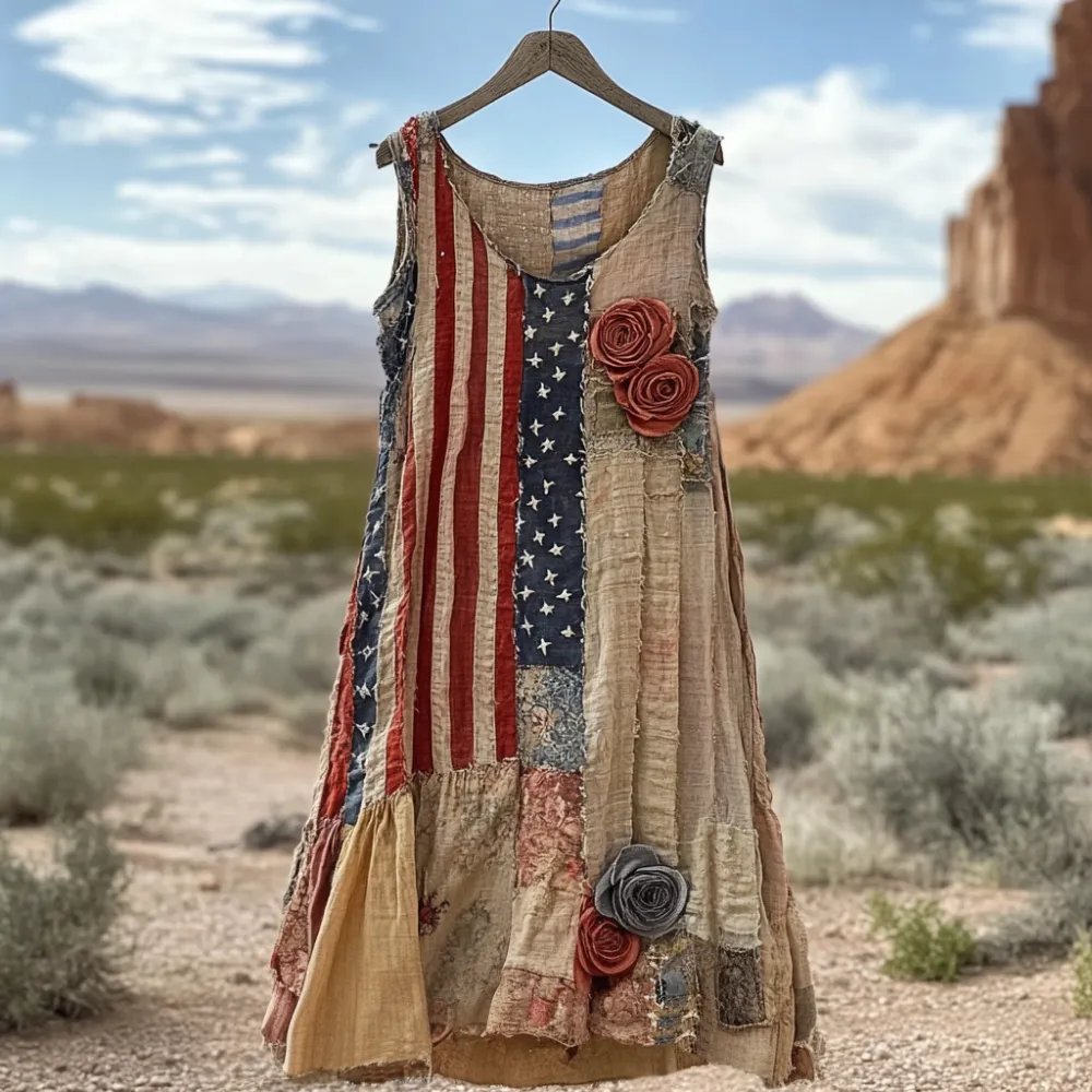 Women's Vintage Independence Day Rose Art Linen Linen Tank Dress