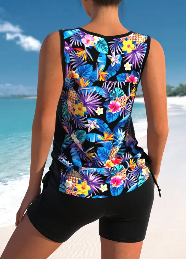 Floral Print Black Cross Strap Tankini Set