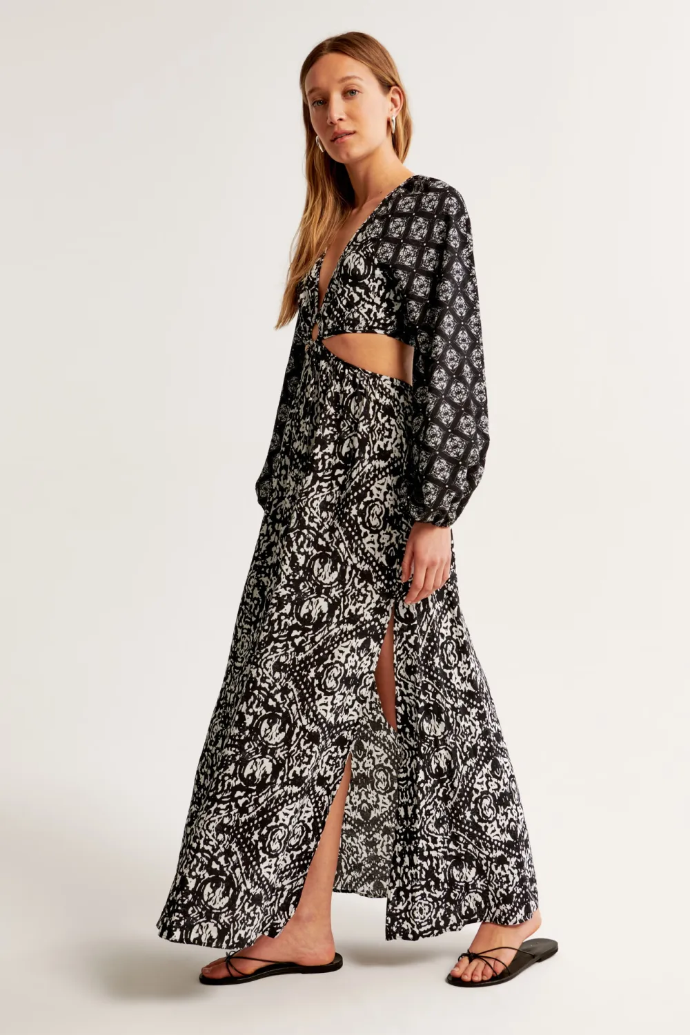 Long-Sleeve Plunge Cutout Maxi Dress