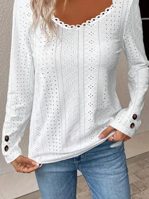Scoop Neck Long Sleeve Plain Buckle Regular Micro-Elasticity Loose Shirt For Women