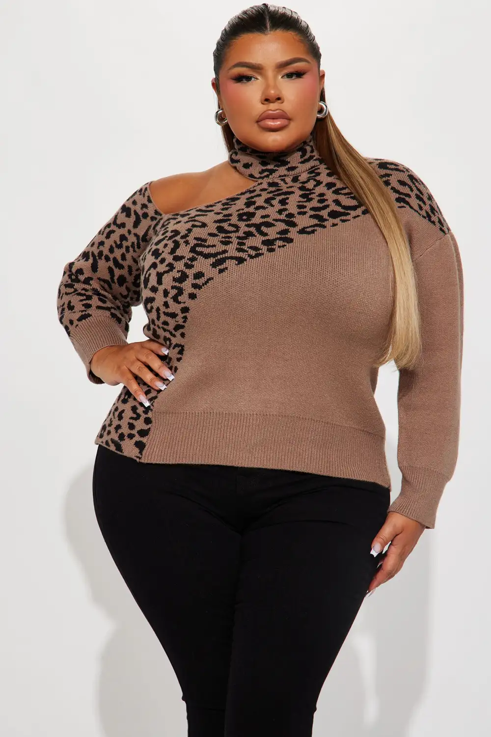 Lovely In Leopard Cold Shoulder Sweater - Brown/combo