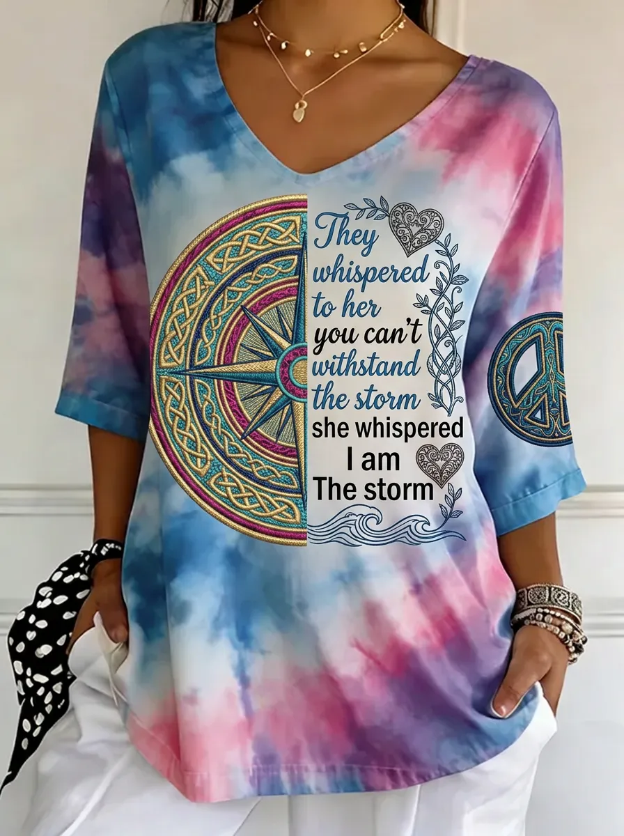 Women's Nashville Compass Quote Printed Tie-Dye V-Neck T-shirt