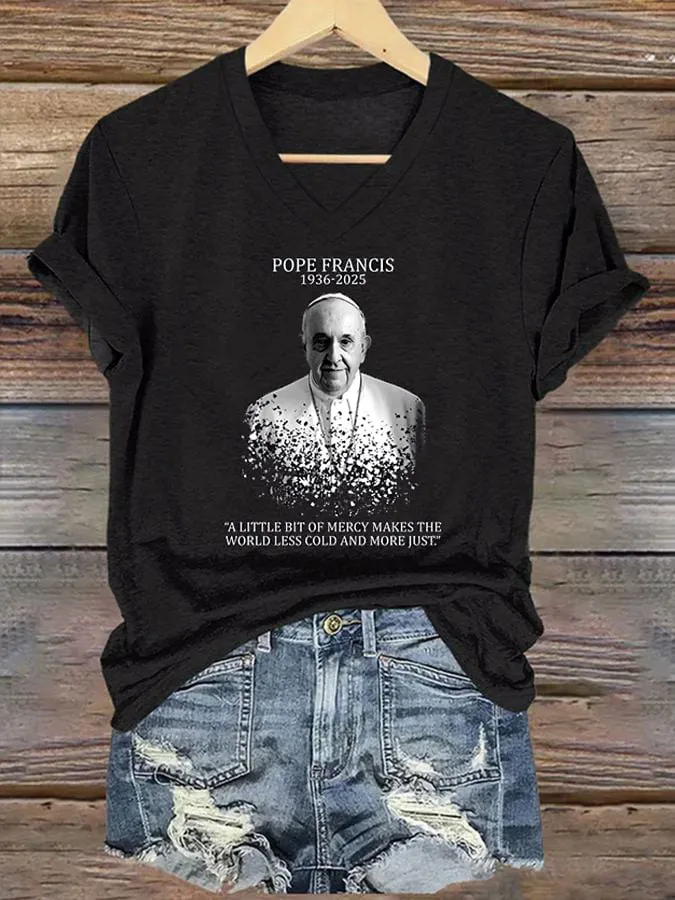 Women's A Little Bit Of Mercy Makes The World Less Cold And More Just 1936-2025 Print Short Sleeve V-Neck Cotton T-Shirt