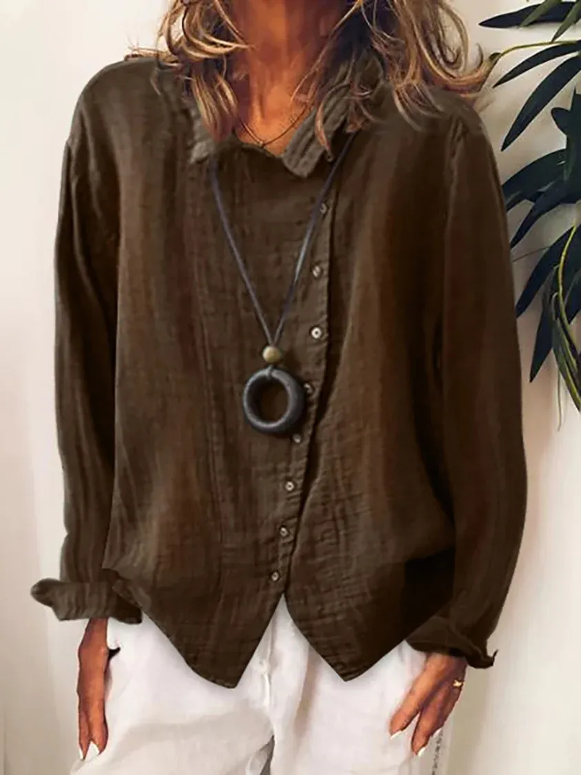 Women Solid Color Long Sleeve Irregular Single-breasted Cotton Linen Shirt Blouse