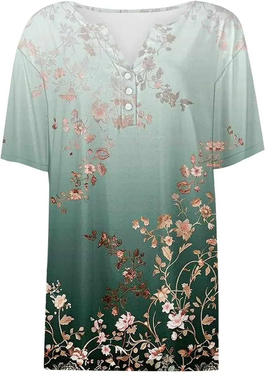 Shirts for Women Casual Printed Summer Tops Short-Sleeved Button V-Neck Tops Blouse Fashion Boho T-Shirts