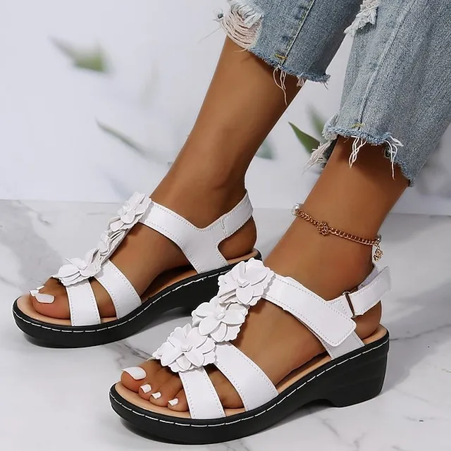 Women's Sandals Wedge Sandals Comfort Shoes Outdoor Daily Beach Summer Flower Wedge Heel Open Toe Classic Casual PU Leather Polyester Buckle Solid Color Floral Solid Colored Black White Yellow