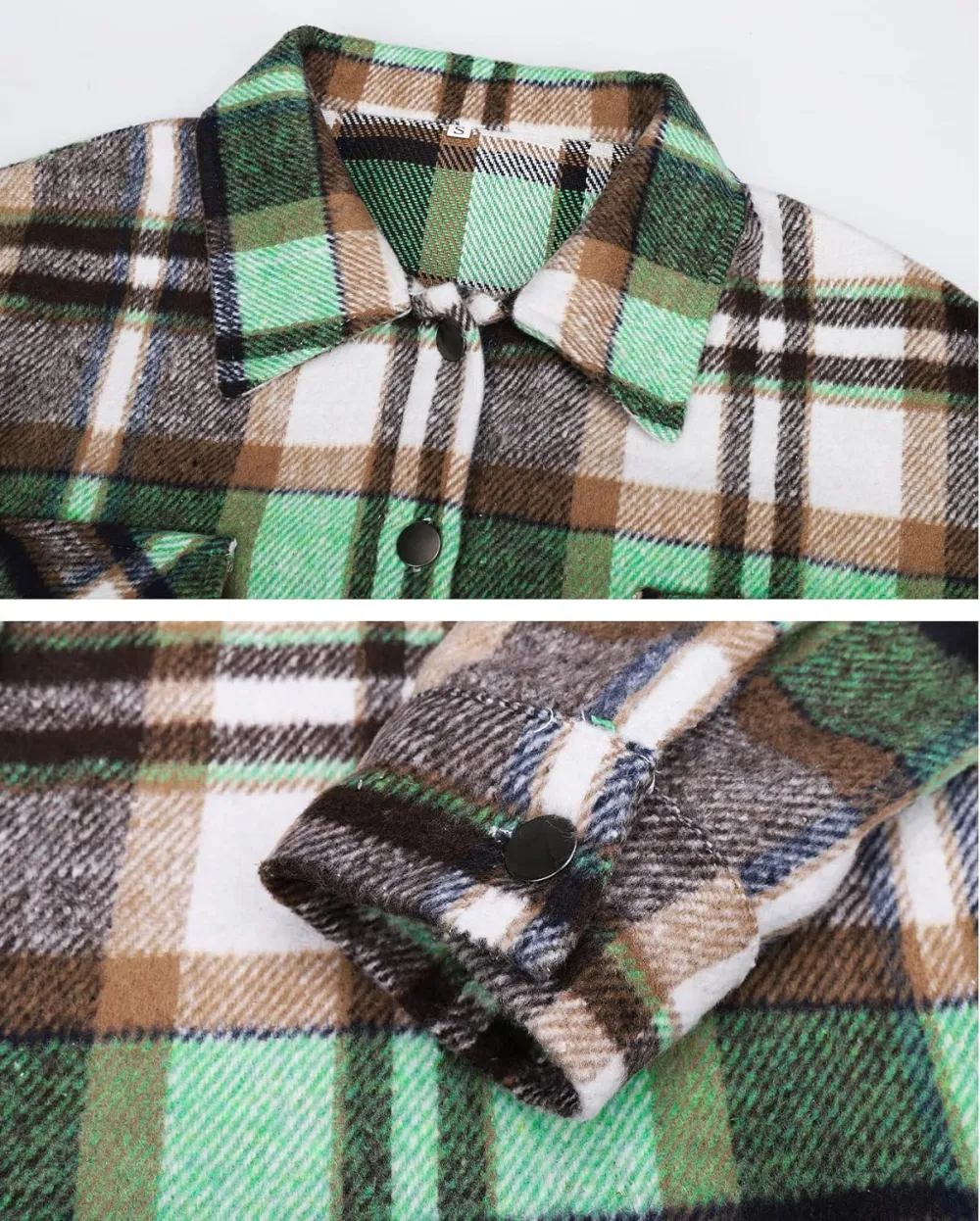 Women's Flannel Plaid Shacket Long Sleeve Button Down Chest Pocketed Shirts Jacket Coats