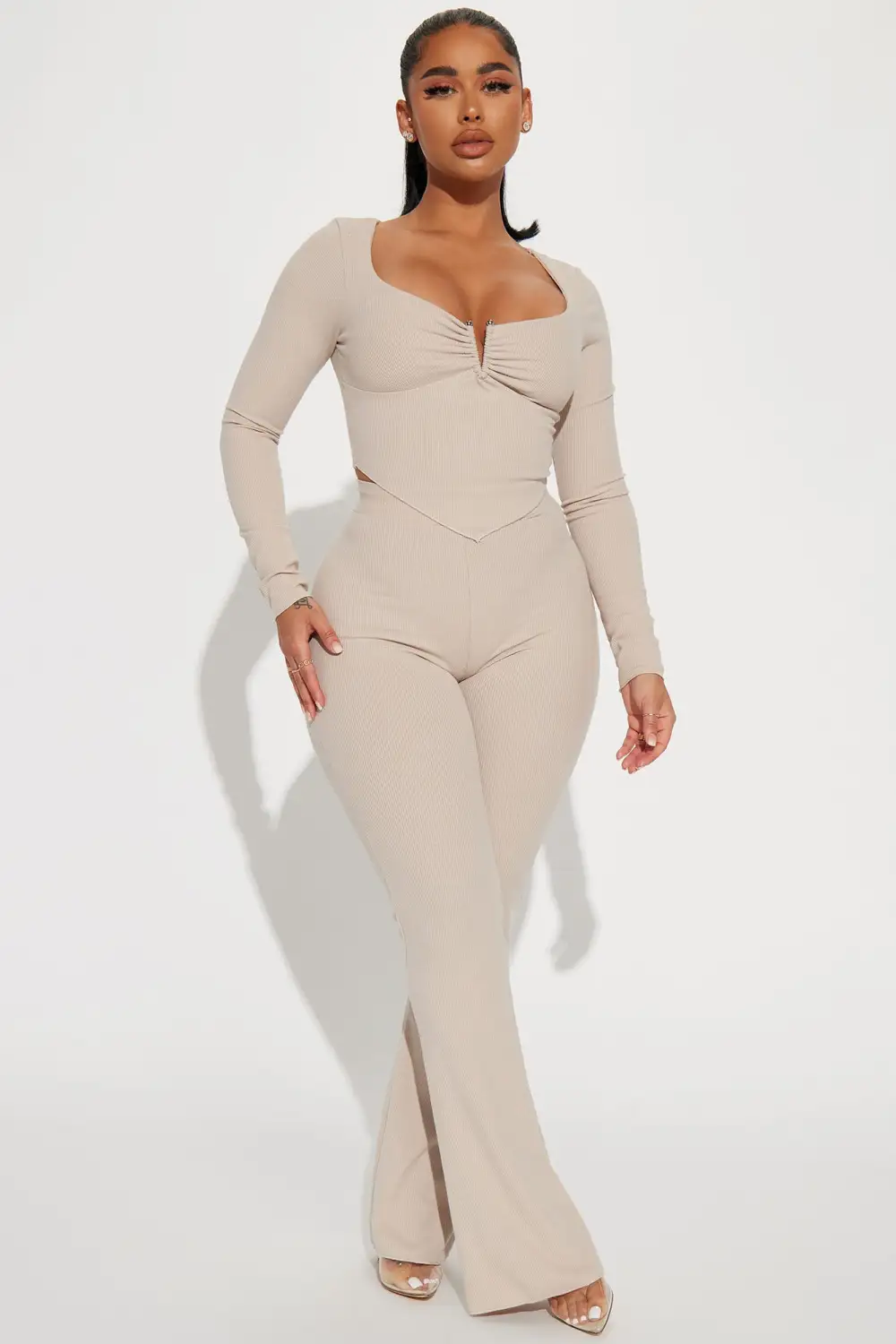 Looking Away Ribbed Pant Set - Beige