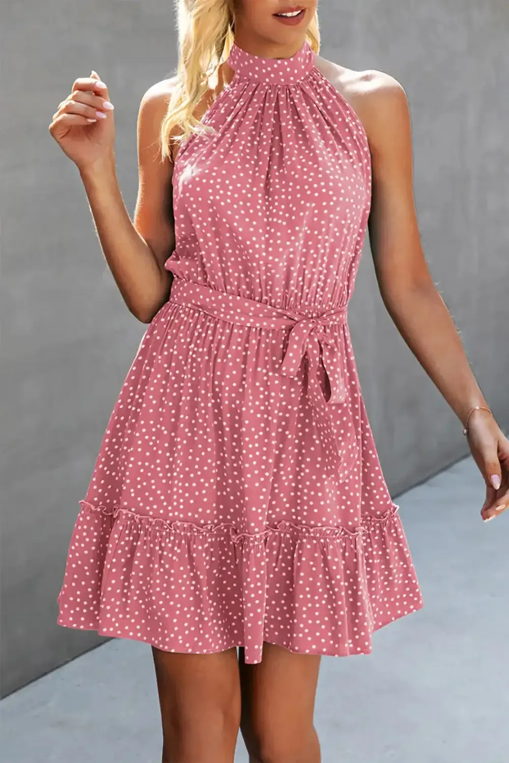 Halter Neck Summer Loose Sleeveless  Ruffle Belt Boho Floral Dress