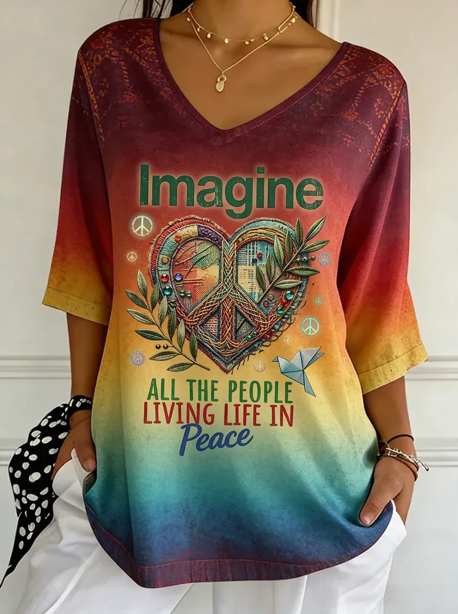 Women's Nashville Peace Heart Imagine Printed V-neck T-shirt