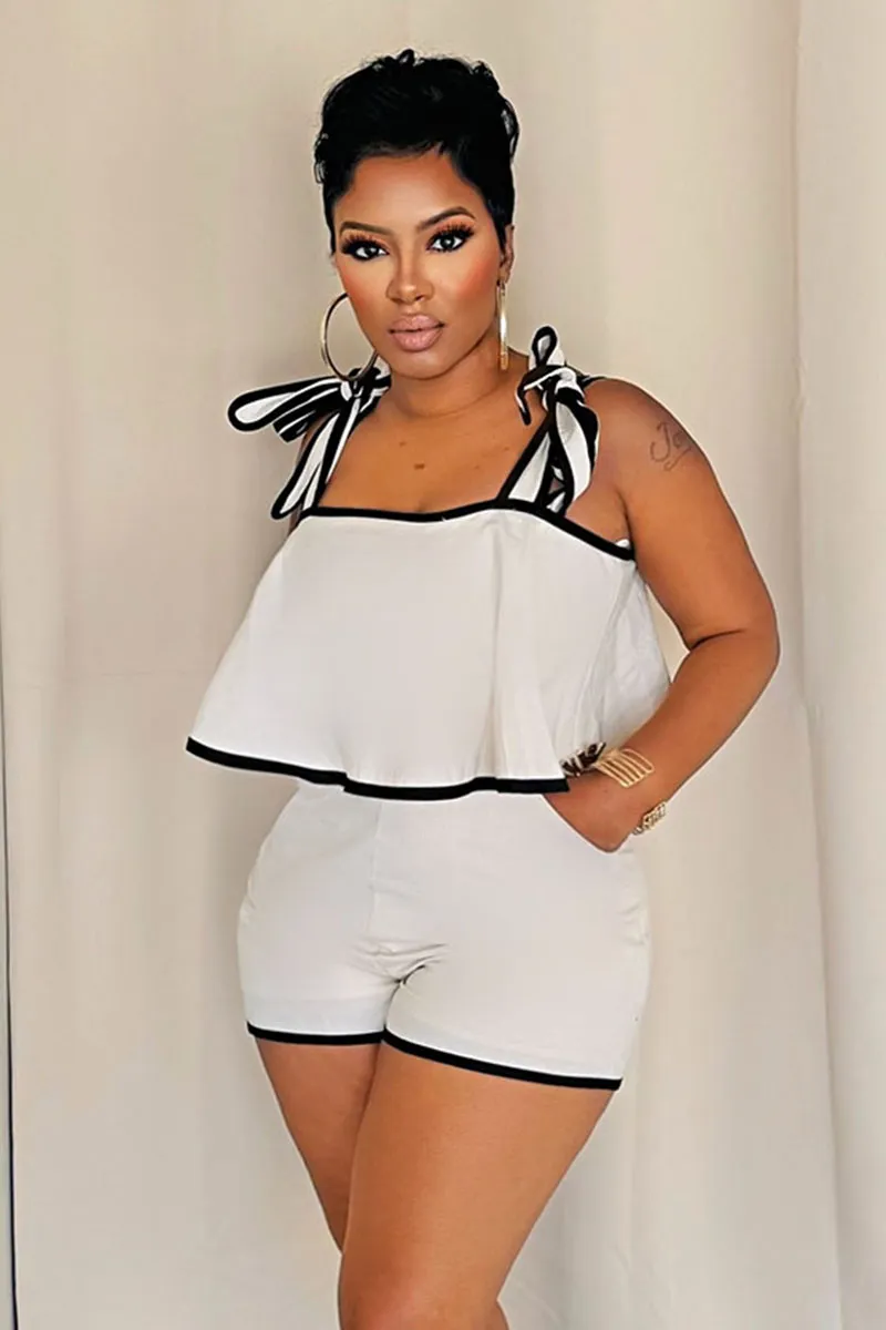 Ribbon Loose-Fit Cami Top Colorblock Trim Shorts 2pcs Set-White