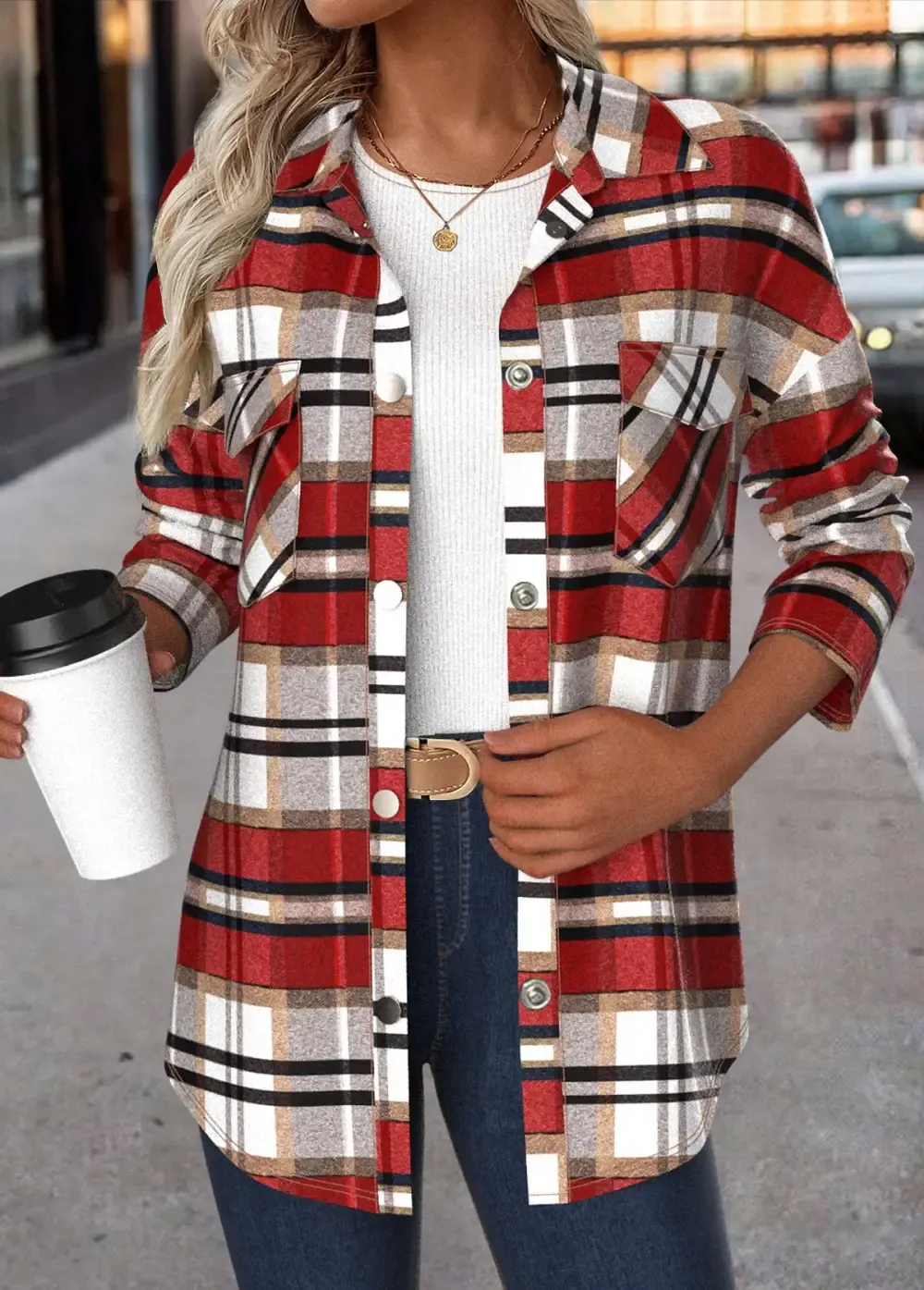 Red Patchwork Plaid Long Sleeve Turn Down Collar Coat