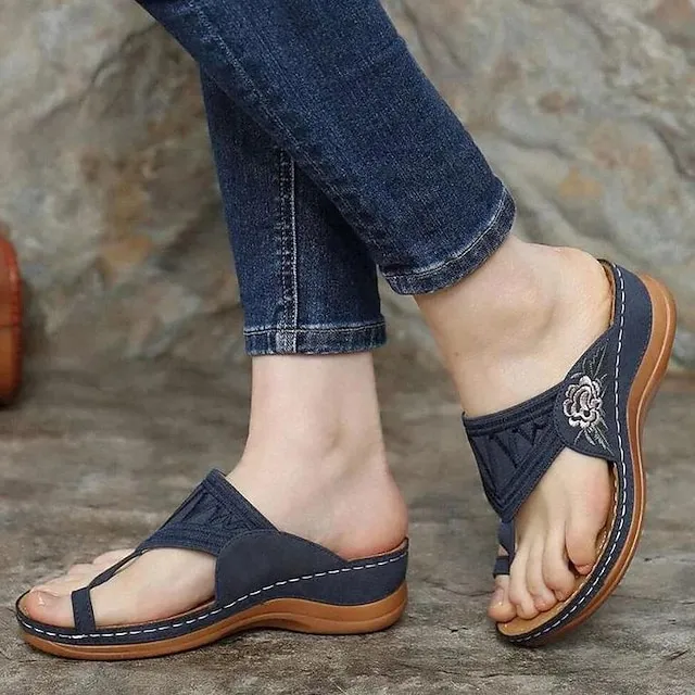 Women's Sandals Comfort Shoes Orthopedic Sandals Bunion Sandals Outdoor Slippers Outdoor Daily Summer Embroidery Flat Heel Wedge Heel Open Toe Vintage Elegant Casual Faux Leather Loafer Floral Dark