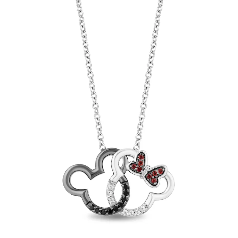 Disney Treasures Mickey & Minnie Mouse Garnet & Diamond Necklace 1/8 ct tw Sterling Silver 17