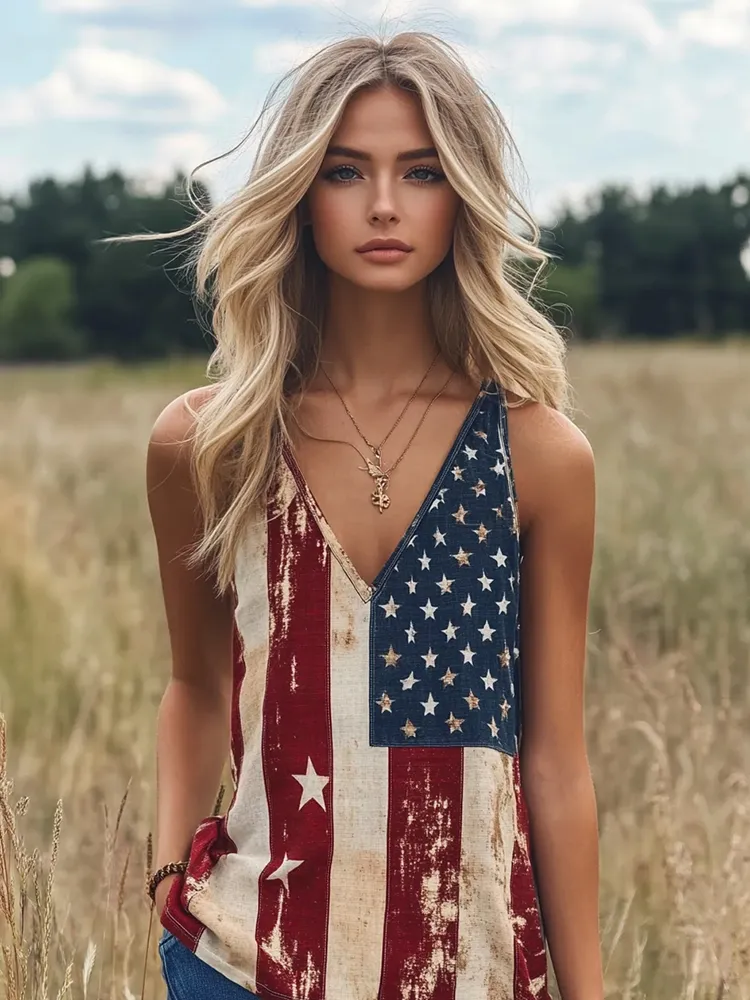Women's Vintage Independence Day Flag Print V-neck Tank Top